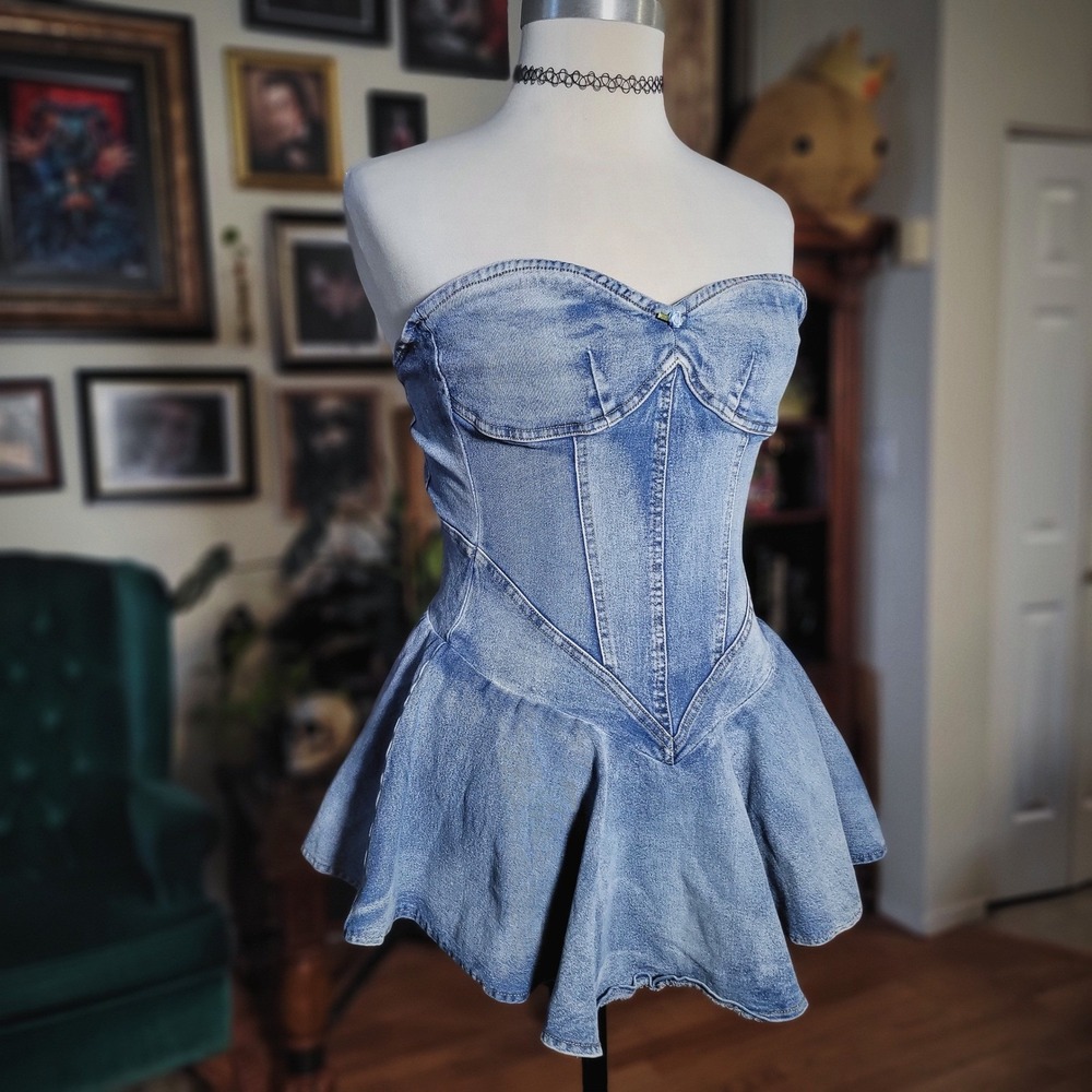 Edge by KS Denim Romper Corset Top Blue Strapless Jean Skort Peplum Mini XS S